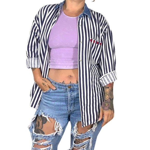 Vintage 90s Stars and Stripes Americana Button Up Long Sleeve Top Medium - Picture 2 of 8